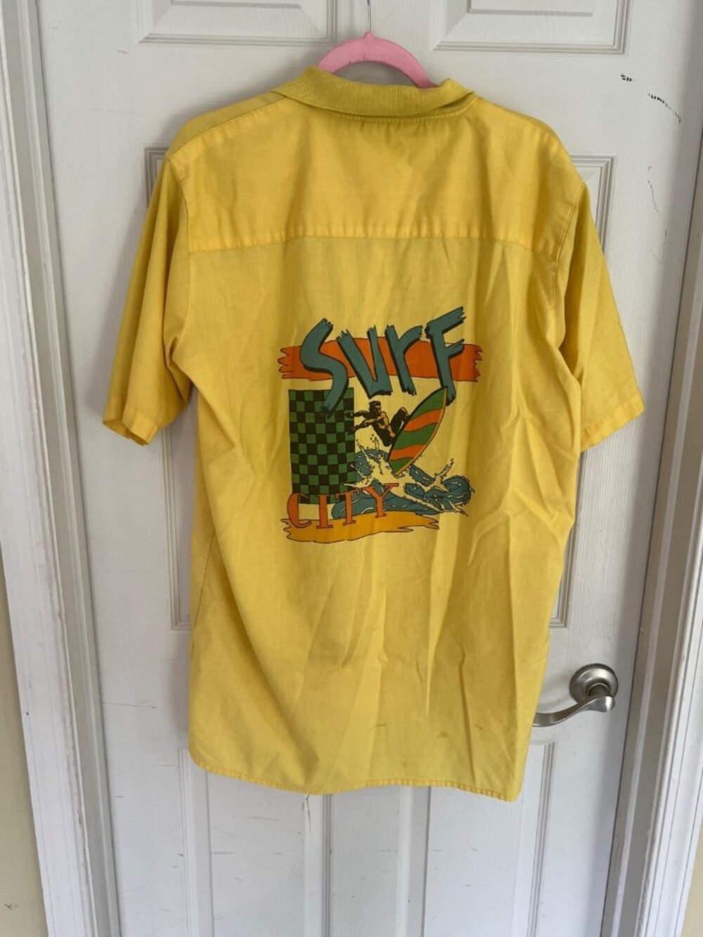 Vintage Electricity Surf City Yellow Short Sleeve Button Down Shirt Men's 80s - Picture 6 of 13